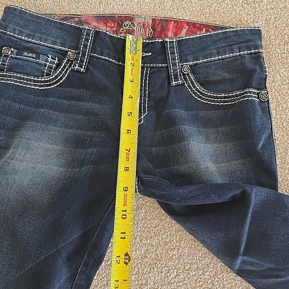 Adiktd Dark Wash Embroidered Rhinestone Studded Bootcut Jeans Size 6/33 Y2K - Picture 12 of 16